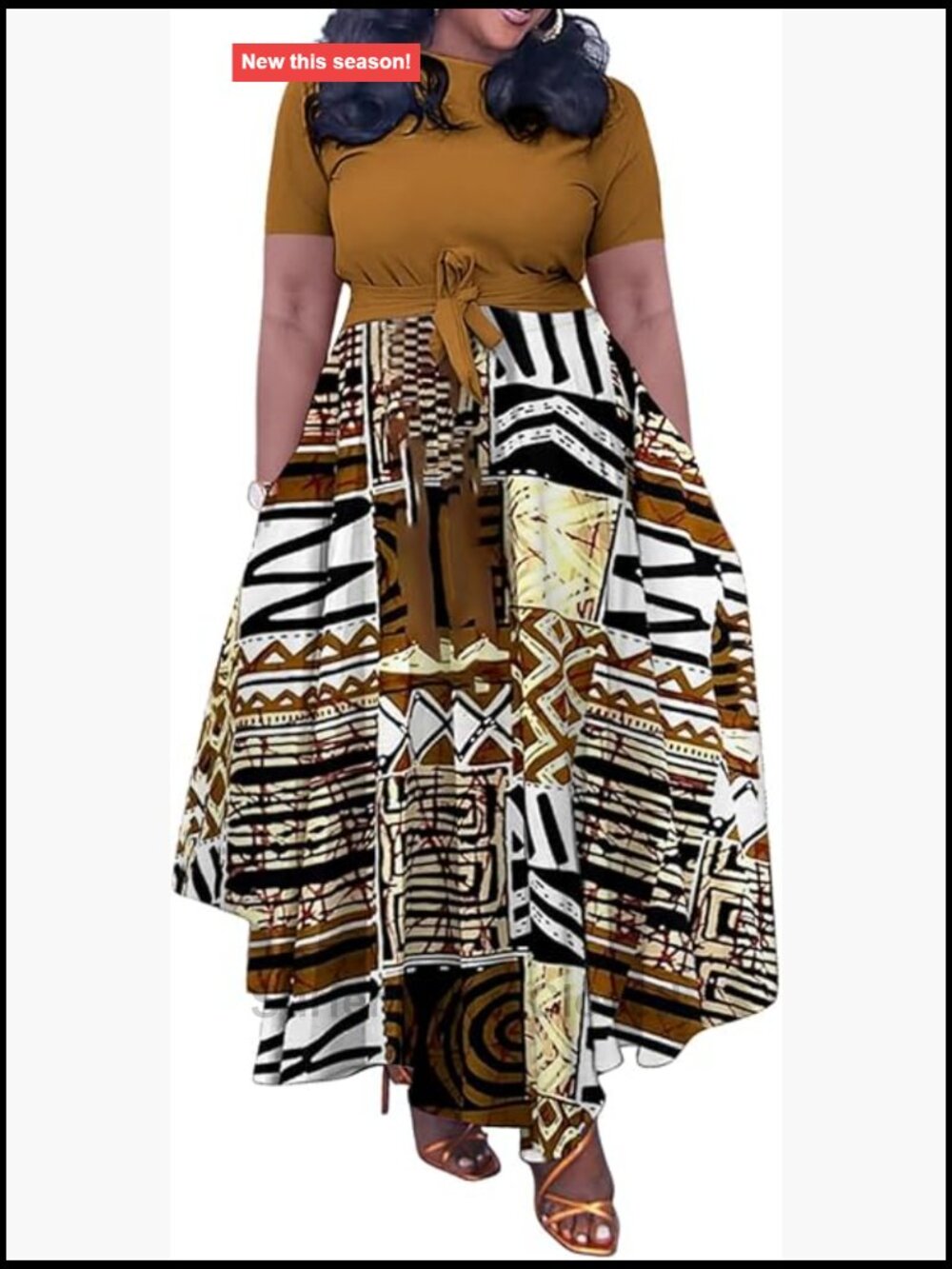 Plus Size A-Line Maxi Dress with Belt 3/4 Sleeve Casual Maternity